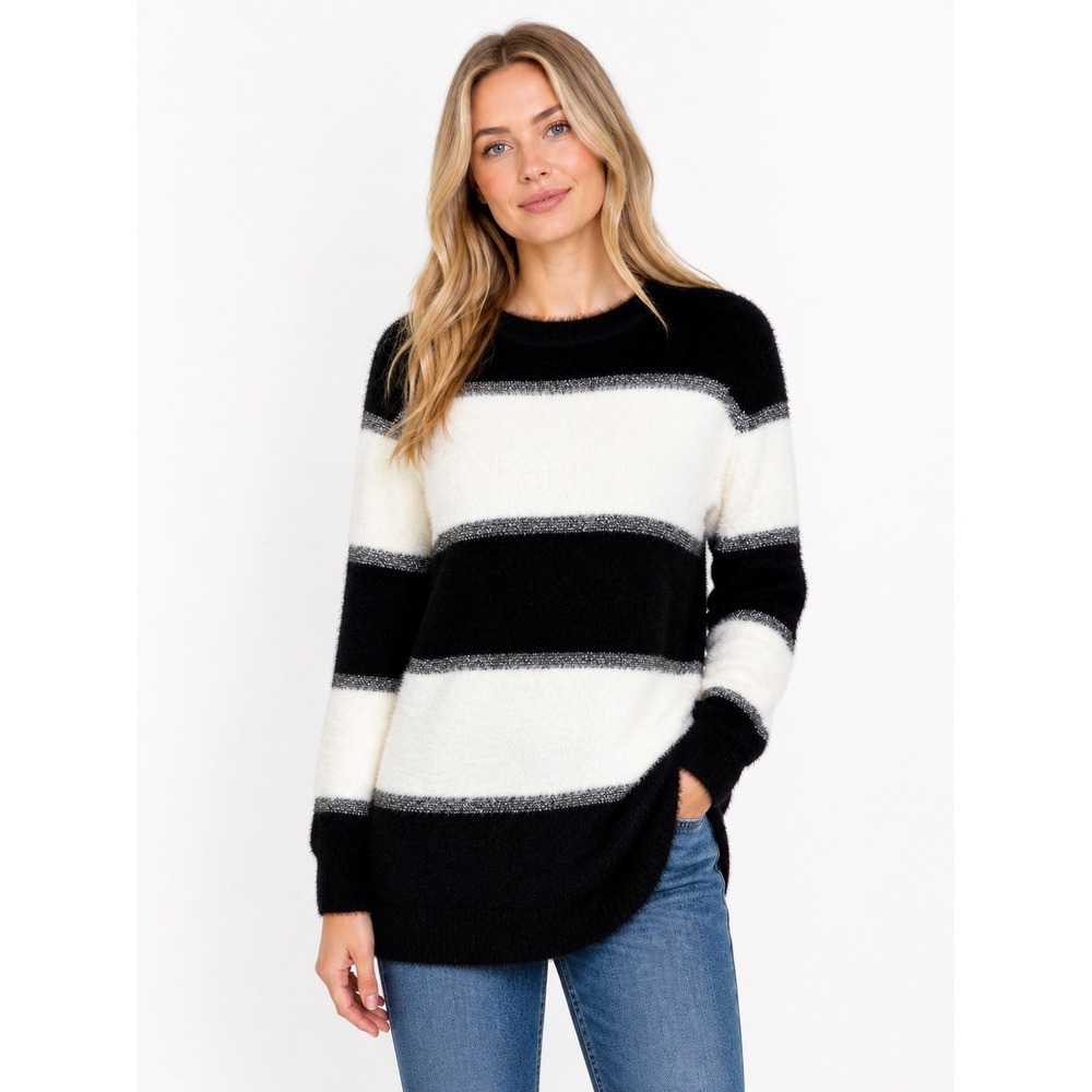 Vtg Y2K Fuzzy Striped Sweater Black White Soft Cozy Plush Knit Trendy Oversized